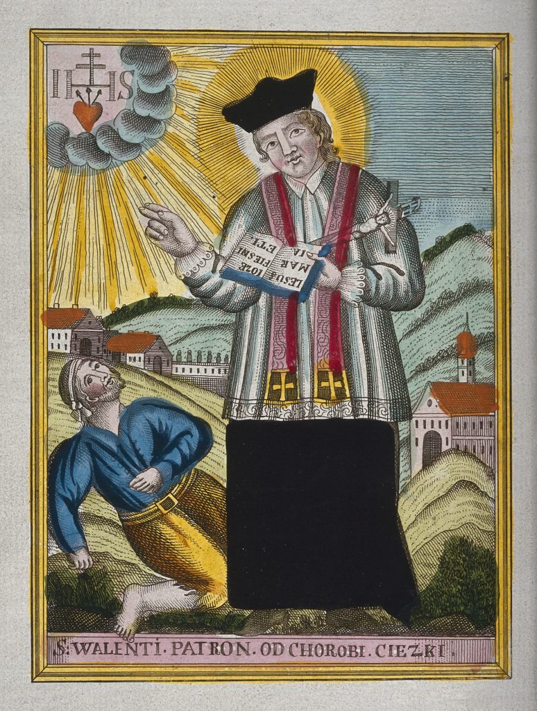 Saint Valentine blessing an epileptic. Coloured etching. Wellcome V0016605